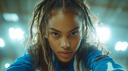 accomplished African American female athlete soars high jump bar dynamic display athleticism illuminated bright overhead lights evening competition.