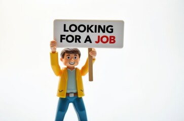 toy man holding a sign with the text (I'm looking for a job)