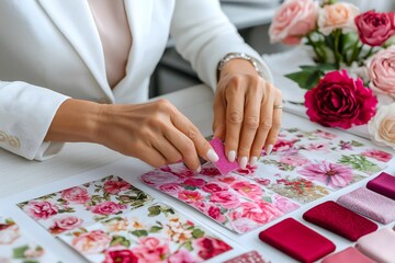 Woman in white jacket sorting floral fabric swatches. Designer choosing textiles for curtain dressmaking task.