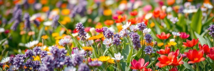 Fototapeta premium A close-up shot of vibrant blooming flowers in a lush green field during the spring season, botany, spring