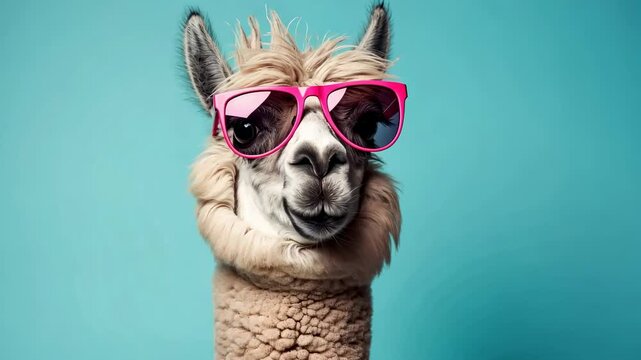 A close-up of a chewing llama wearing sunglasses, isolated against a bright turquoise background. A shot of a talking llama, perfect for lip-sync animation.