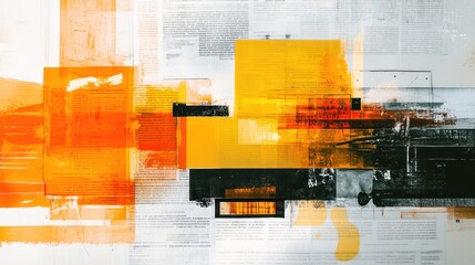 Abstract artwork with overlapping orange, yellow, and black shapes on a white background.