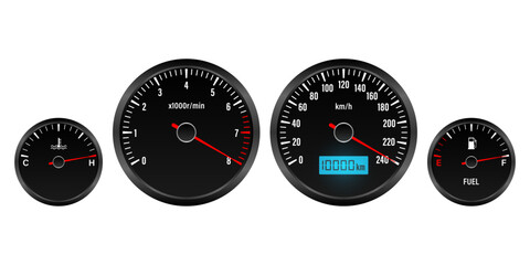 Car Dashboard. Car Panel Display. Car Speedometer Dashboard. Tachometer or Odometer Display. High Speed Concept. Vector Illustration.