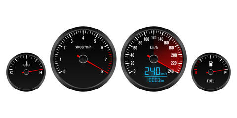 Car Dashboard. Car Panel Display. Car Speedometer Dashboard. Tachometer or Odometer Display. High Speed Concept. Vector Illustration.