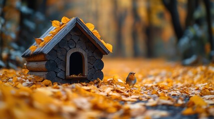 A small wooden birdhouse sits on a bed of autumn leaves, with a small robin standing nearby.