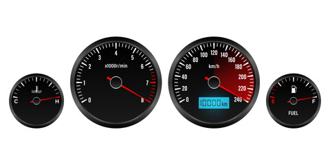 Car Dashboard. Car Panel Display. Car Speedometer Dashboard. Tachometer or Odometer Display. High Speed Concept. Vector Illustration.