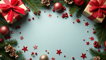 A festive holiday scene featuring a Christmas themed background with various decorations laid out in a flat lay composition from above