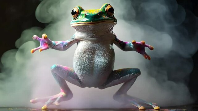 A brightly colored frog poses in a cloud of dust.