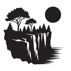 Cliffside with trees silhouette vector art like the logo black color design and solid white background 