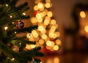 A festive holiday scene features a decorated Christmas tree against a bright beautiful backdrop with blurred lights and a golden bokeh effect