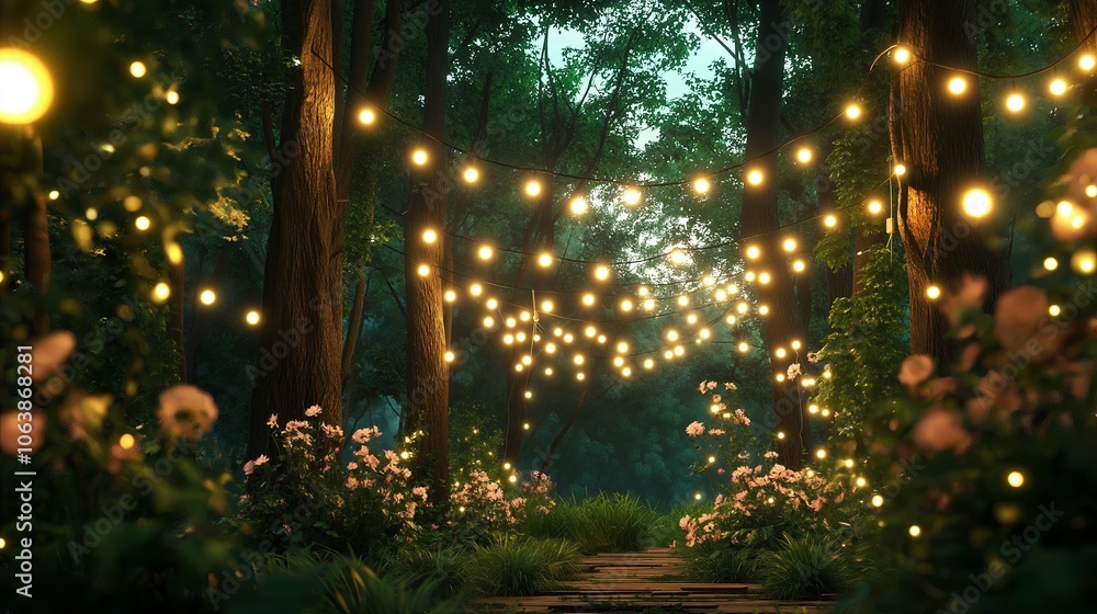 Poster a whimsical forest scene with twinkling fairy lights strung between the trees.