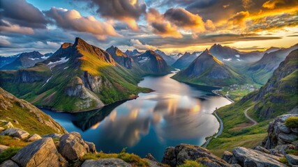 amazing summer atmosphere, tranquility mountain landscape with fjord and lake Krokvatnet, Hermannsdalstinden, Moskenesoey, Lofoten, Nordland, Norway, Europe