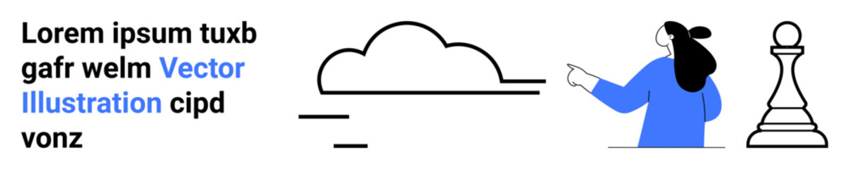 Woman pointing towards a cloud and a chess piece. Ideal for strategy, planning, innovation, technology, leadership, brainstorming, goal setting. Banner for landing page