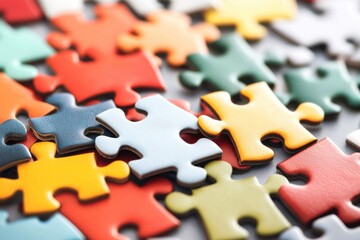 Fototapeta premium Colorful puzzle pieces scattered on a surface, white isolate background.