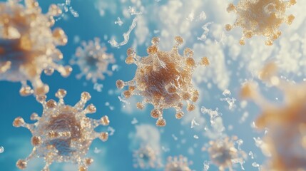 3D rendering of microscopic coronavirus particles floating in the air.