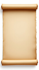 An unfurled parchment scroll with a blank surface, isolated on a white background. The scroll has a slightly aged appearance with brown edges and is rolled at the top and bottom.
