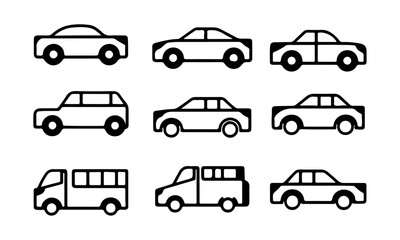 Line Art Car Set Black And White Design Template