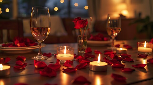 A cozy dining room elegantly set up for a romantic Valentine?? Day dinner, with candles, wine glasses, and red rose petals scattered on the table.