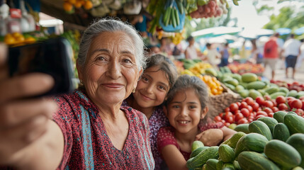  an elderly Hispanic woman taking a selfie with her grandkids at a vibrant farmers market, colorful produce stands and bustling activity all around