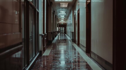 Long, dimly lit hallway with reflective floors and geometric lighting, creating a mysterious yet serene atmosphere.