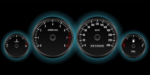 Car Dashboard. Car Panel Display. Car Speedometer Dashboard. Tachometer or Odometer Display. Vector Illustration.
