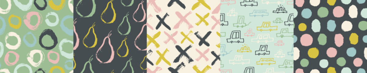 Hand drawn kids pattern set. Cute cars, lines, dots, circles, cross, pear abstract patterns. Perfect for kids fabric, textile, nursery wallpaper. Vector illustration.