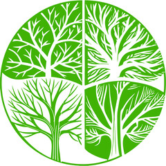 four seasonal trees represented in linocut style set of green leaves Vector Design and illustration