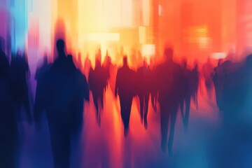 Obraz premium Blurred business people walking in the office, an abstract background for design with copy space A blurred crowd of people spilling into a corporate conference or shopping center Generative AI