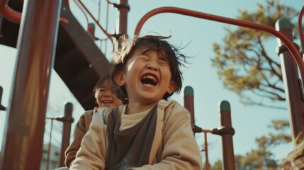 Obraz premium Kids enjoying a day out on a playground, their faces lit up with excitement and laughter in a warm, sunny atmosphere.