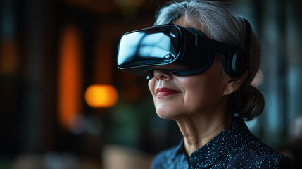 Close-up portrait of mature woman wearing virtual reality headset, exploring immersive digital experience with focused expression