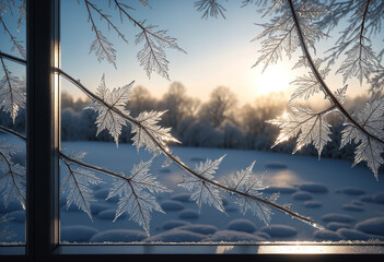 Ice pattern on the window in the form of frozen leaves and branches