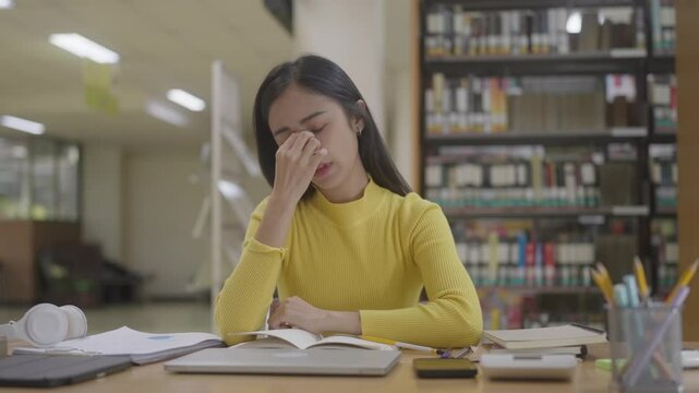 Tired girl is doing homework at university exhausted preparing for exams