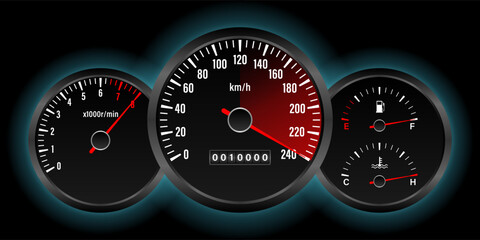 Car Dashboard. Car Panel Display. Car Speedometer Dashboard. Tachometer or Odometer Display. High Speed Concept. Vector Illustration.