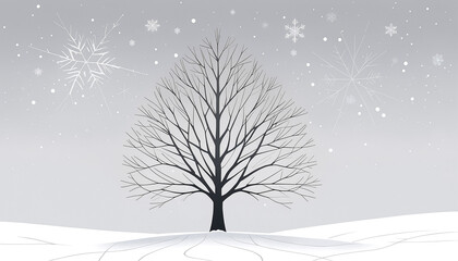 A solitary tree stands against a snowy backdrop