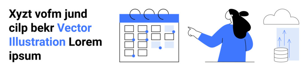 Stylized person pointing at a calendar with event icons, cloud data storage illustration. Ideal for project management, scheduling tools, productivity apps, cloud computing, business organization