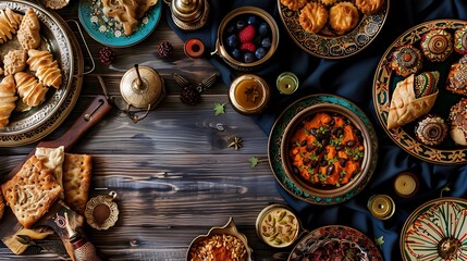 Fototapeta premium A creative Ramadan advent calendar with intricate Islamic designs, paired with decorations and traditional food, celebrating the spiritual essence of Ramadan Kareem.