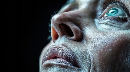Obraz premium Close-up of a person's face with detailed skin texture and expressive eyes, AI