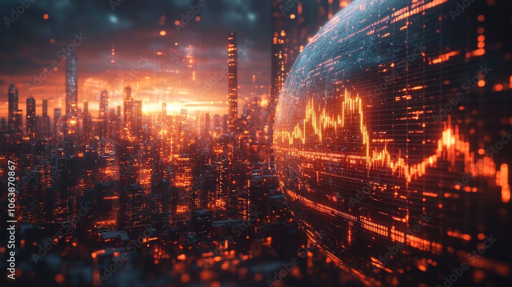 Poster a stunning futuristic cityscape features soaring skyscrapers bathed in golden sunset light, while da
