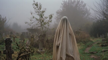 A spectral figure cloaked in flowing fabric wanders a foggy graveyard, enveloped by mystery and the whispers of nature, creating a haunting scene.