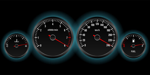 Car Dashboard. Car Panel Display. Car Speedometer Dashboard. Tachometer or Odometer Display. High Speed Concept. Vector Illustration.