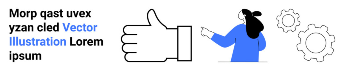 Person pointing at a thumbs up sign next to gears and placeholder Latin text. Ideal for business concepts, teamwork, collaboration, approval, project management, feedback, presentations. Banner