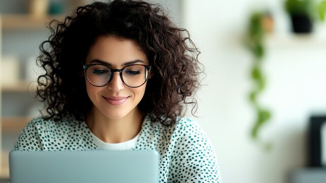Smiling woman with glasses working on a laptop in a modern home environment.