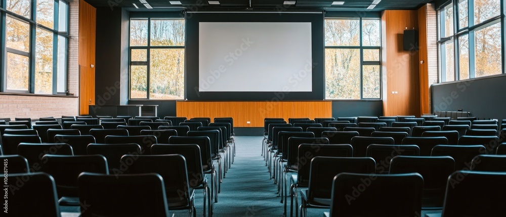 Poster a spacious auditorium with rows of chairs facing a large projection screen.