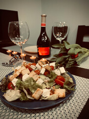 romantic dinner for two, flowers, candles, wine