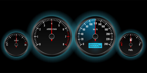 Car Dashboard. Car Panel Display. Car Speedometer Dashboard. Tachometer or Odometer Display. Vector Illustration.