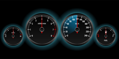 Car Dashboard. Car Panel Display. Car Speedometer Dashboard. Tachometer or Odometer Display. Vector Illustration.