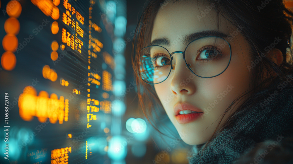 Poster asian professionals gather large digital display thoughtfully analyzing complex analytics while work