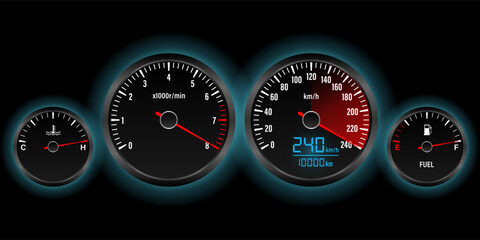 Car Dashboard. Car Panel Display. Car Speedometer Dashboard. Tachometer or Odometer Display. High Speed Concept. Vector Illustration.