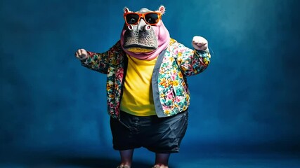 A cool hippopotamus wearing sunglasses and a floral print jacket poses in a studio. - Powered by Adobe