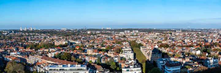 Fototapeta premium High angle panorama over the Brussels skyline in Jette, Laeken and Ganshoren, Brussels Capital Region, Belgium, OCT 24, 2024